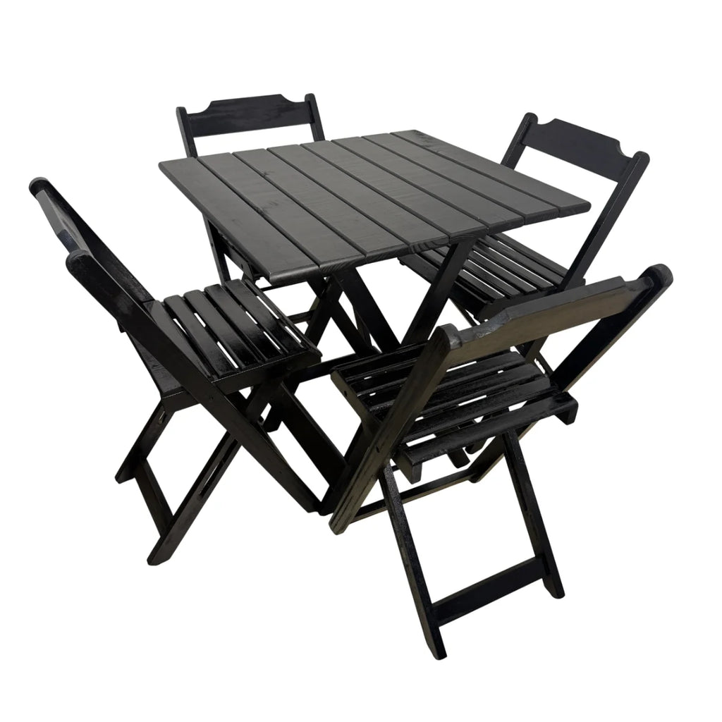 Conjunto de Mesa Dobrável de Madeira 70x70 com 4 Cadeiras Retráteis Preto