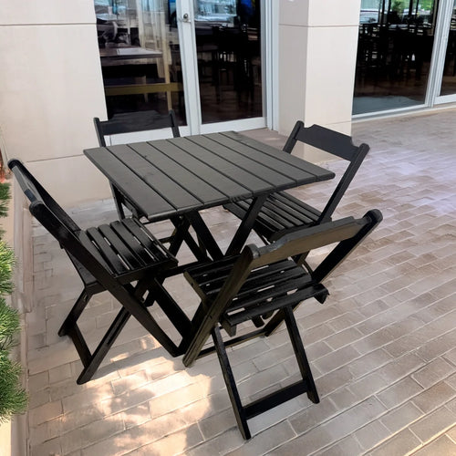 Conjunto de Mesa Dobrável de Madeira 70x70 com 4 Cadeiras Retráteis Preto