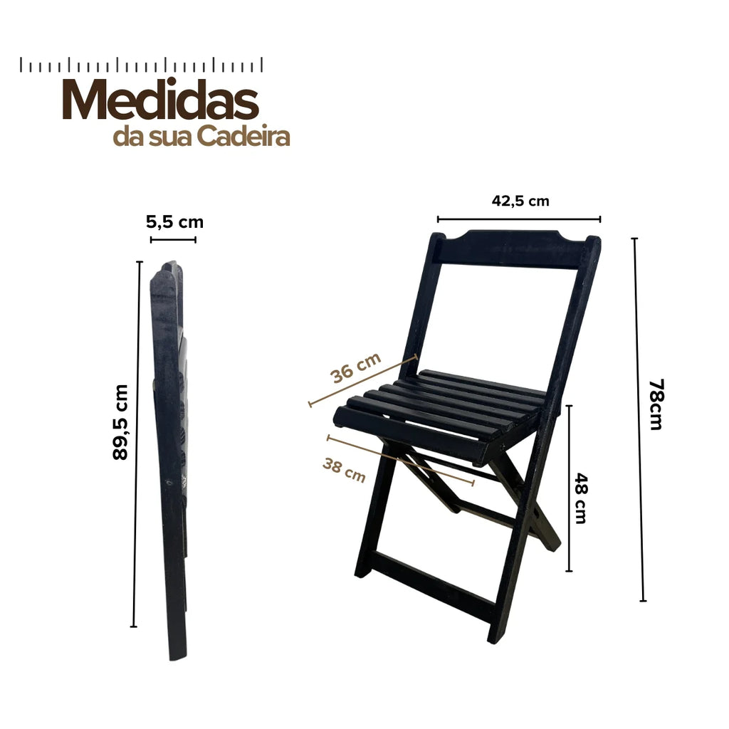 Conjunto de Mesa Dobrável de Madeira 70x70 com 4 Cadeiras Retráteis Preto
