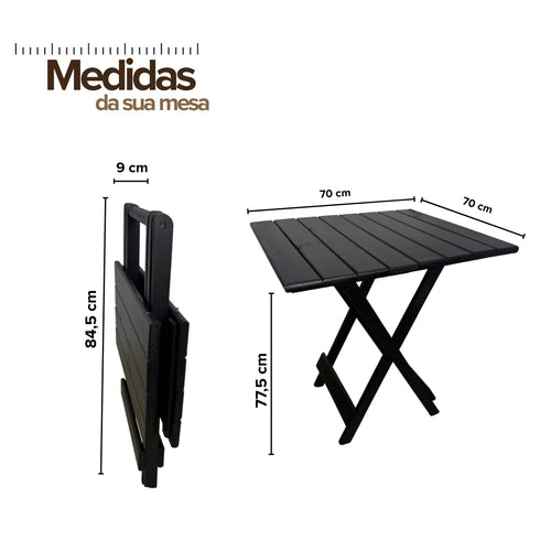 Conjunto de Mesa Dobrável de Madeira 70x70 com 4 Cadeiras Retráteis Preto