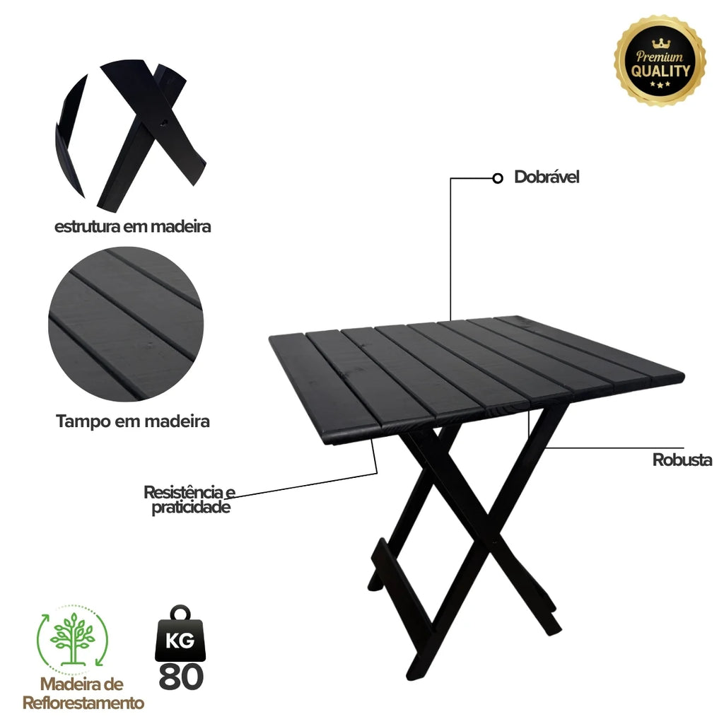 Conjunto de Mesa Dobrável de Madeira 70x70 com 4 Cadeiras Retráteis Preto
