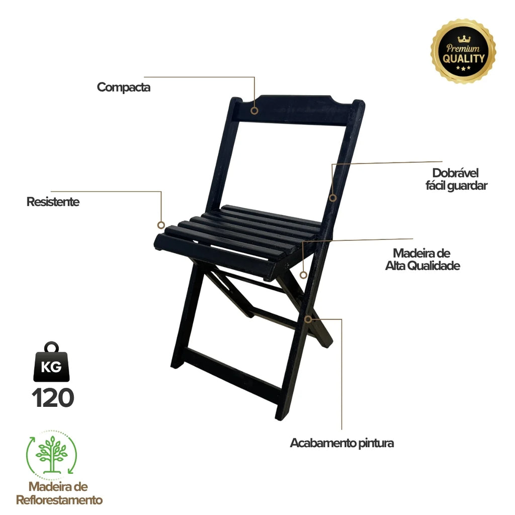 Conjunto de Mesa Dobrável de Madeira 70x70 com 4 Cadeiras Retráteis Preto